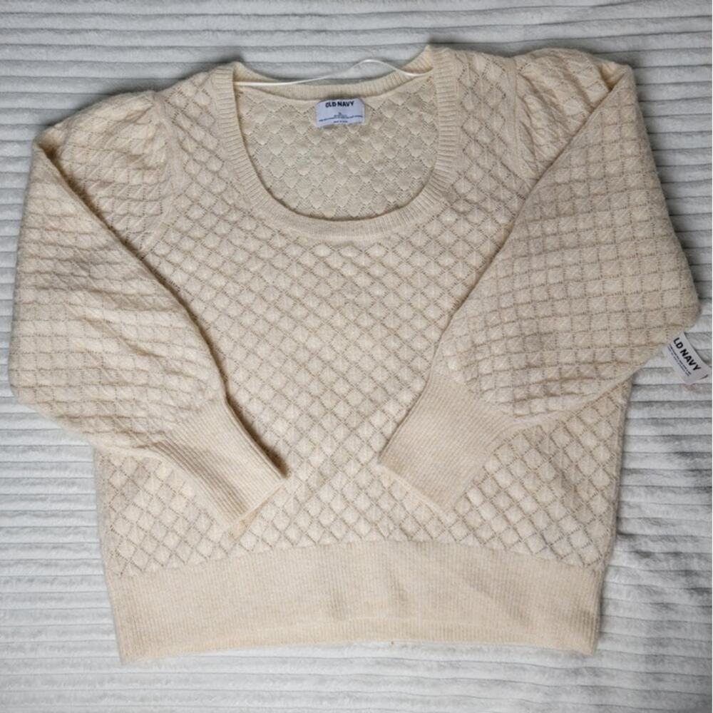 Old Navy Womens Sweater XL Beige Pointelle Knit Crewneck Recycled Wool Blend New - Picture 10 of 12